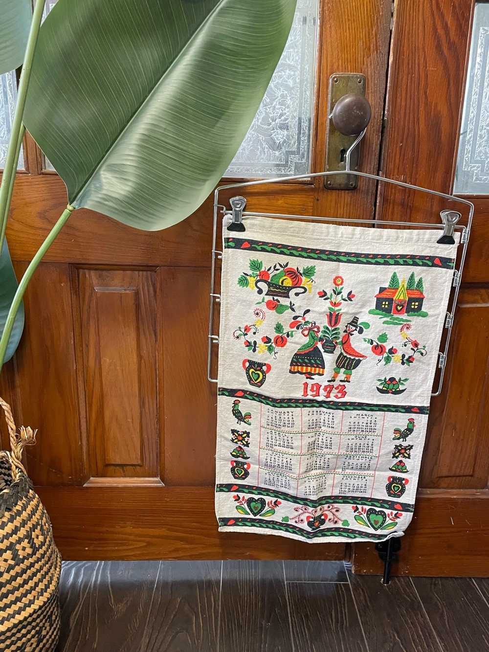 Vintage 1973 Folk Art Calendar Tea Towel - Multicolor